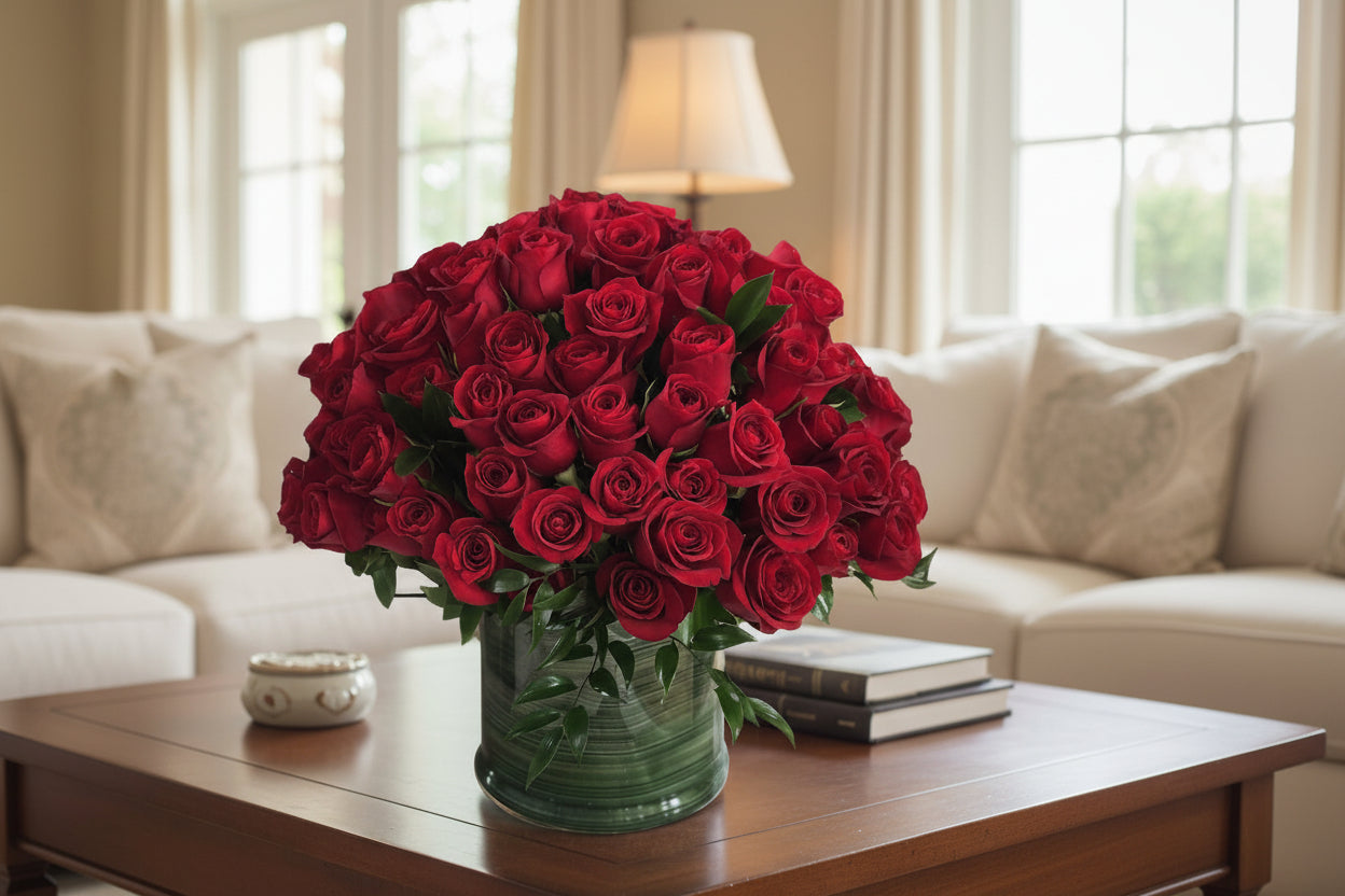 100 Medium Red Roses in a Vase in a table at the living room