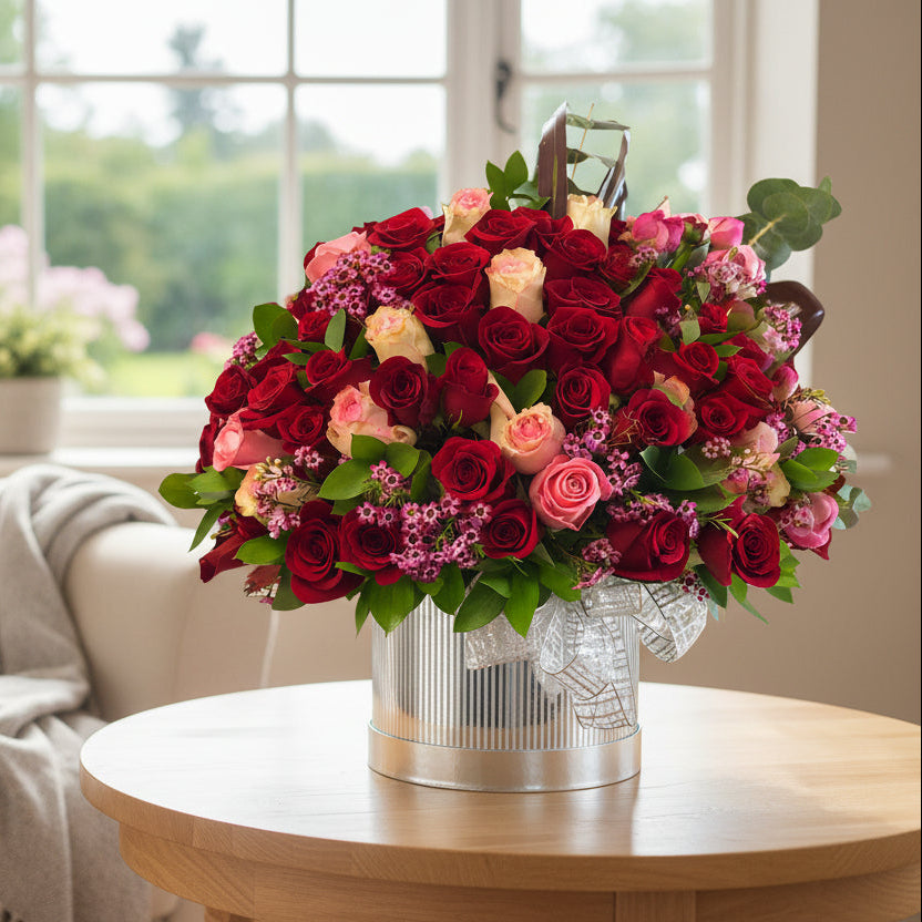 100 Pink and Red Roses in a silver hat box