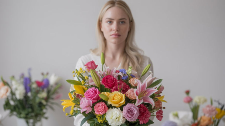 Woman holding a colorful bouquet of flowers with more bouquets in the background.