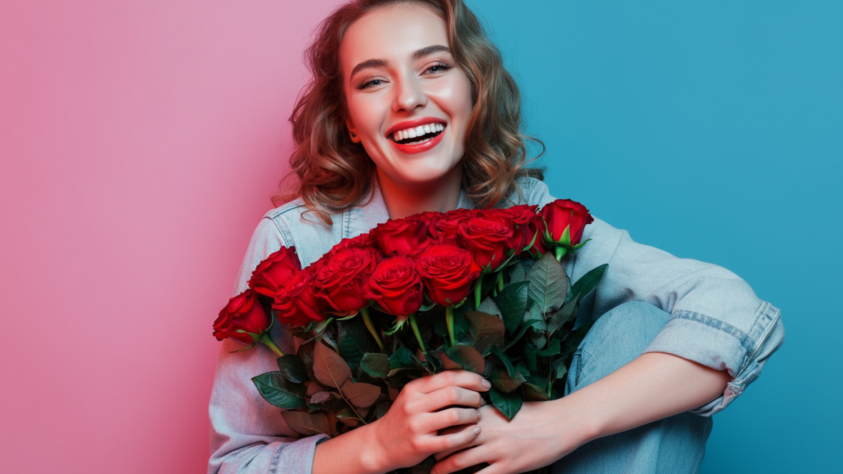 a woman holding a bouquet of red roses.