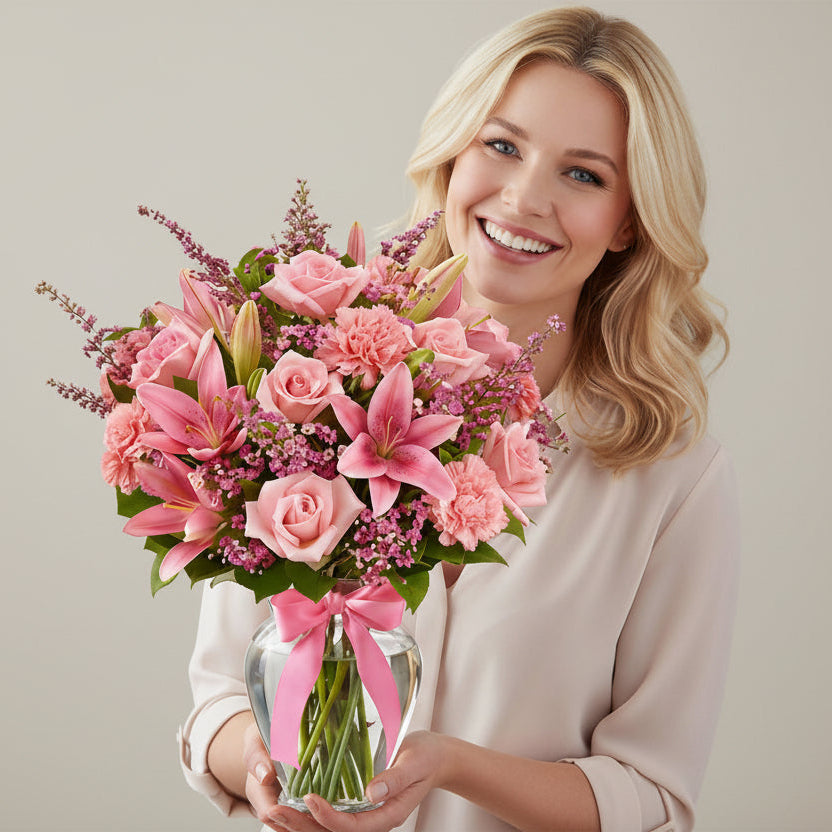 A woman holding the arrangement with her hands and happily smiling with a minimalist background.