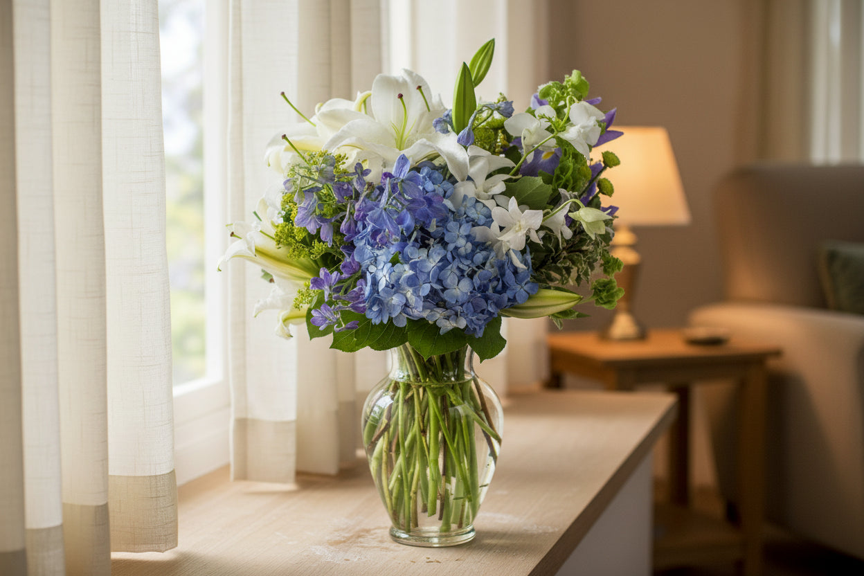 Blu and white floral arrangement next to a window at the living room.