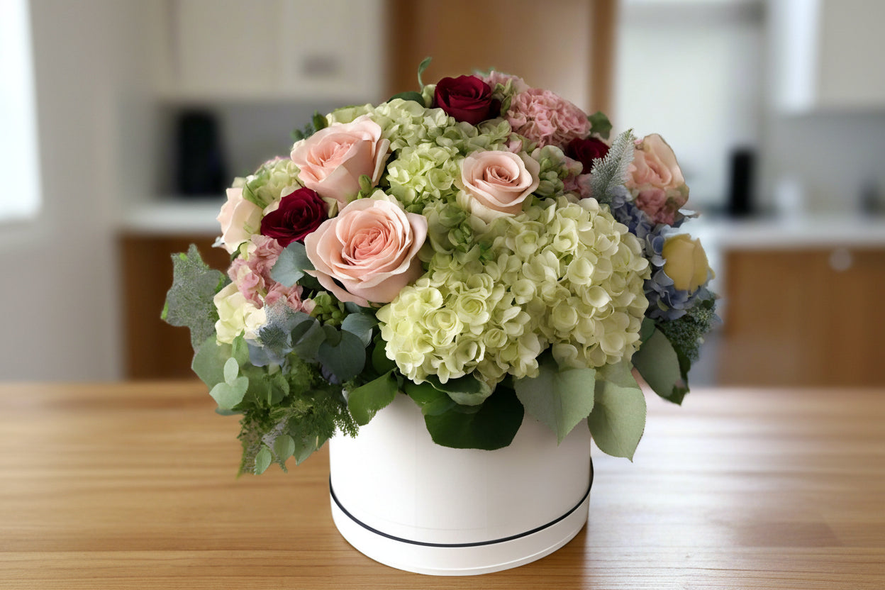 Elegant Roses and Hydrangeas Bouquet in a white hat box- Flower Shop in Hollywood