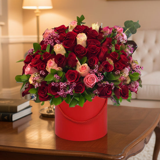 Eternal Red Elegance, Romantic Flower Delivery with pink and red roses in a red hat box - Flower Shop in Hollywood