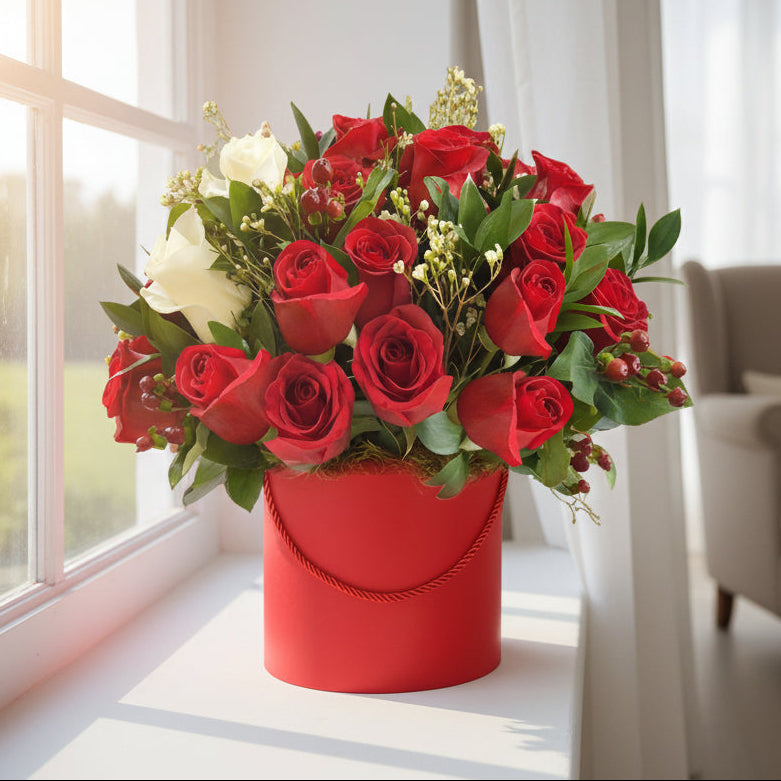 white and red roses in a red hat box│Red Rose Garden - Flower Shop in Hollywood