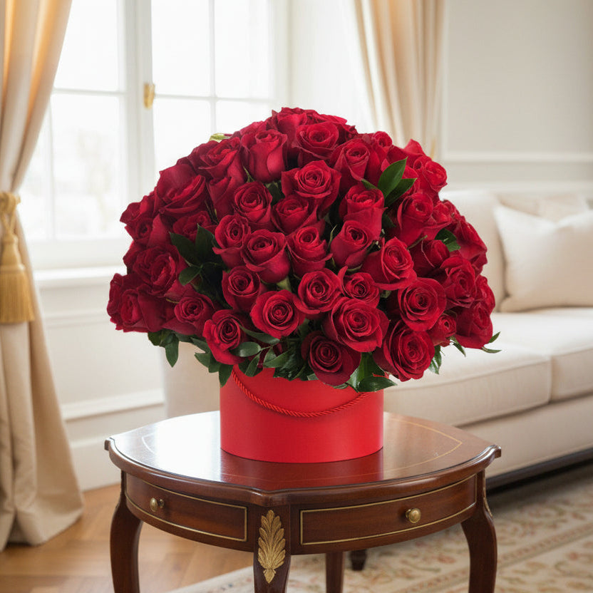 Red roses for anniversary in a red hat box - Flower Shop in Hollywood