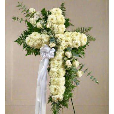 Flower shape Standing Cross white roses across and white flowers design.