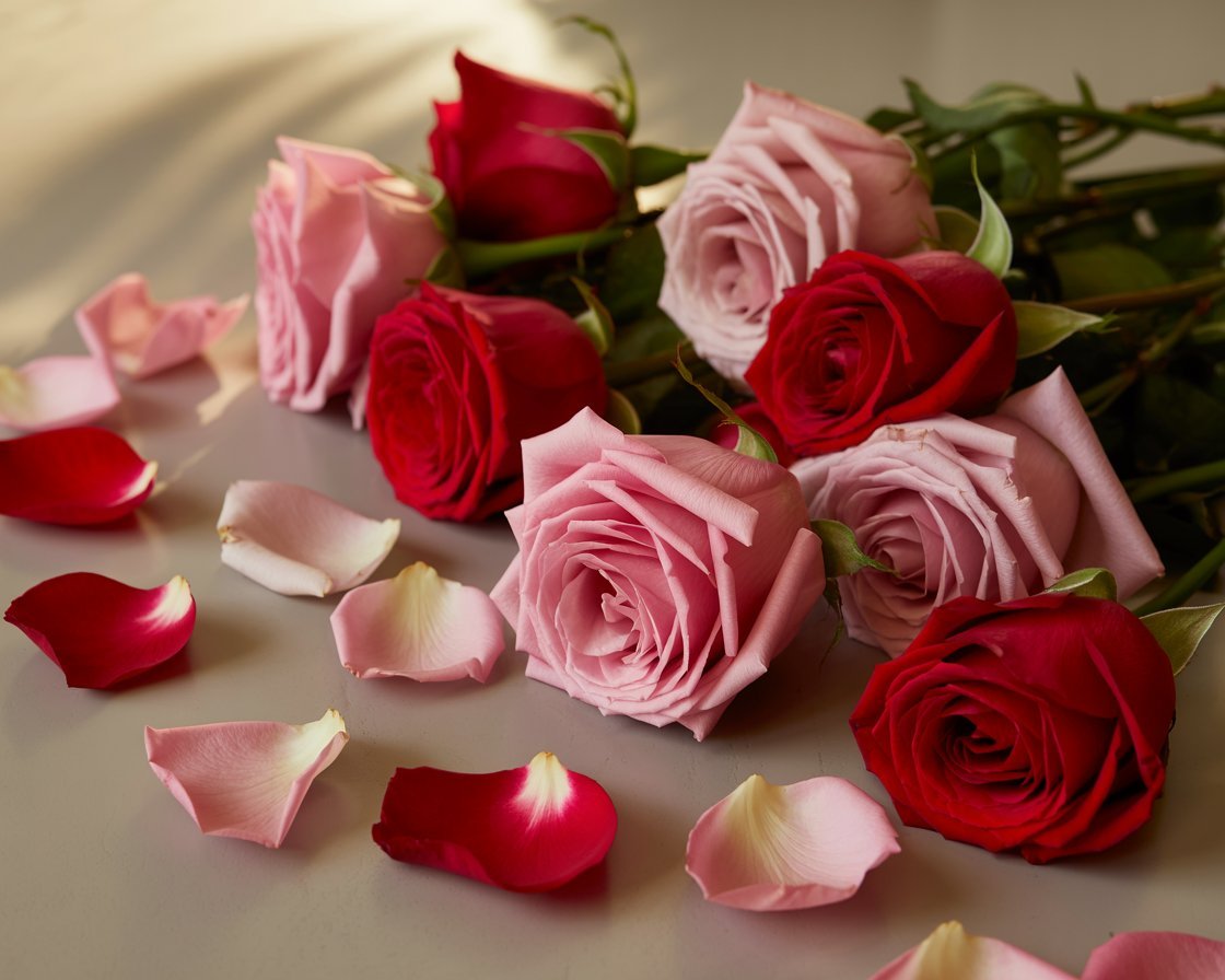 Bouquet of red and pink roses with scattered petals on a light surface