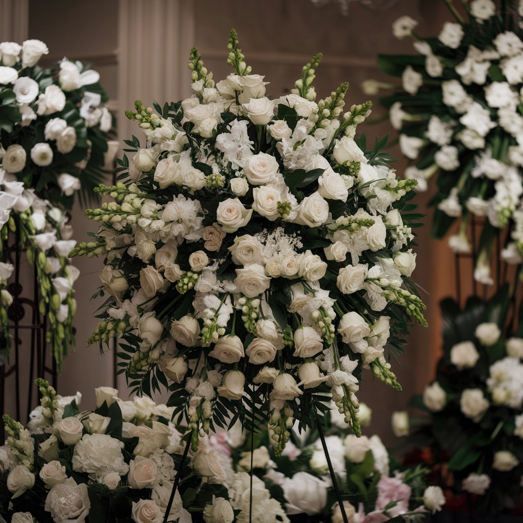 A striking image of a large, all white sympathy standing spray adorned with white roses, white stock flowers, and lush green fillers. The spray stands prominently in a dimly lit, elegant funeral home, surrounded by other floral tributes.