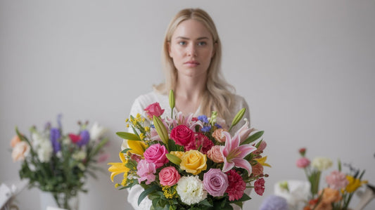 A photorealistic scene of a colorful birthday bouquet with balloons and a handwritten card on a kitchen table, bright su