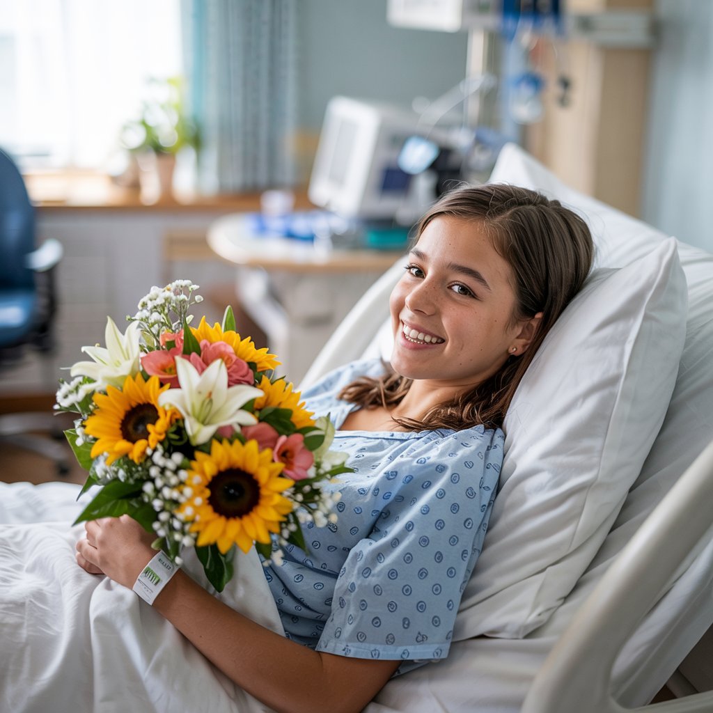 A girl with a bouquet of Get Well Soon Flowers on a hospital bed smiling of joy.