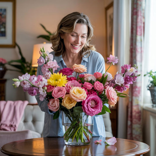 A woman in front of a large floral arrangement smiling with joy for the gift.