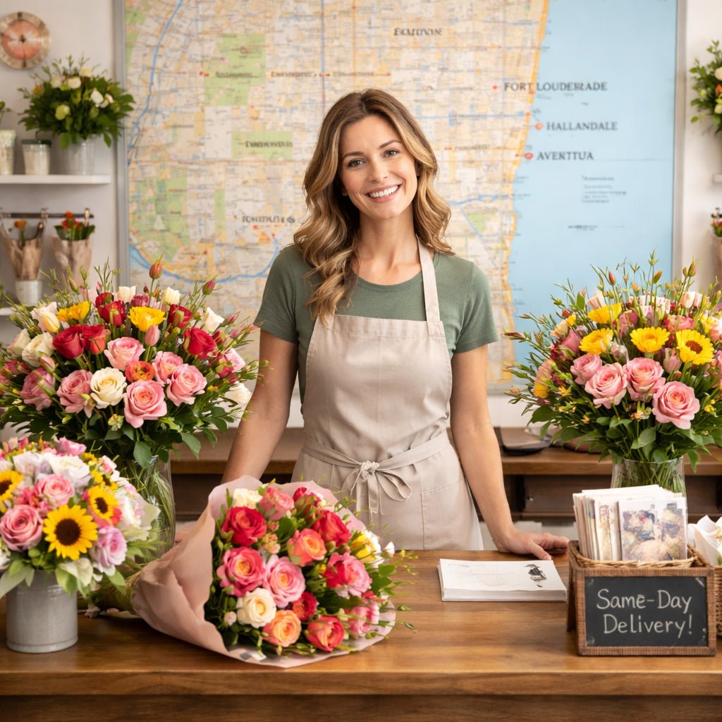 A woman surrounded by flowers and happily smiling, for a Sympathy Flowers Hollywood