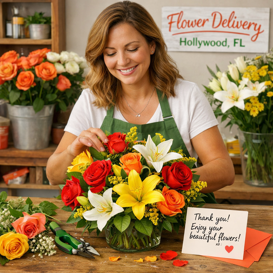 A realistic scene of a friendly florist arranging a bright bouquet in a studio, with fresh roses, lilies, and a handwritten note on the side. Alt: flower delivery service Hollywood FL local florist arranging bouquet