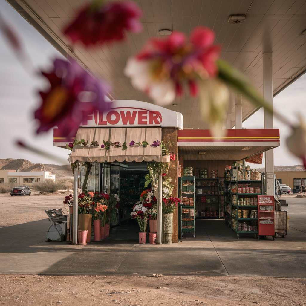 A flower shop next to a gas stations using the same facility, flower shop on the left of the building with a big Flowers sign on the top