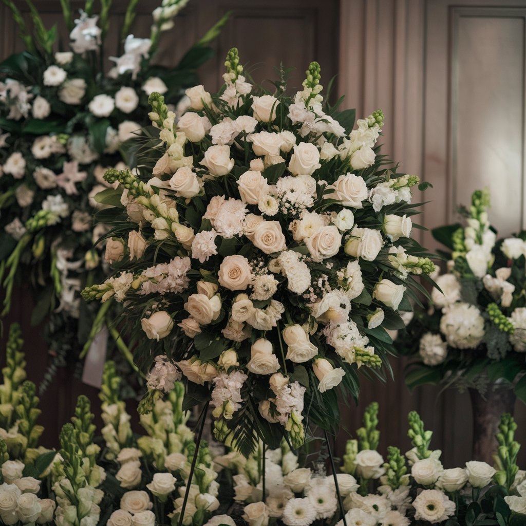 All white flowers and arrangements at a funeral home for Sending Sympathy Flowers in Hollywood, FL