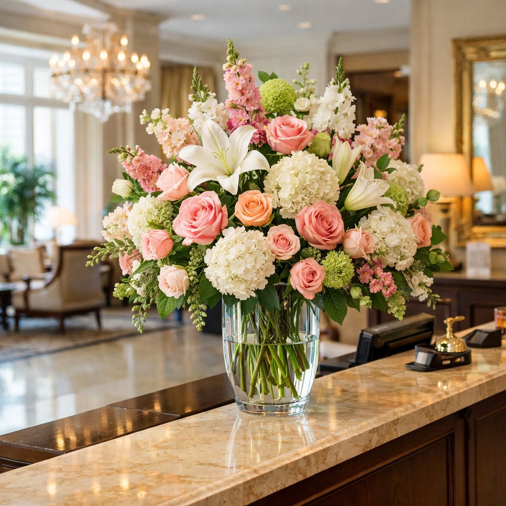 A realistic scene of a hotel lobby with a fresh floral arrangement on a reception desk, bright natural light, elegant dé