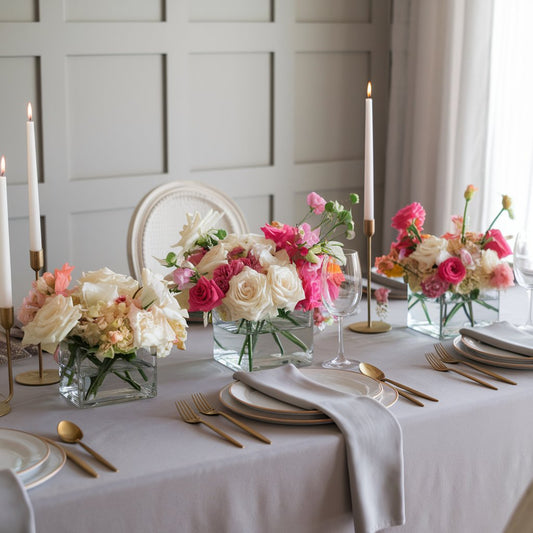 A set dining table with a neutral gray tablecloth and matching gray napkins. The table is adorned with three vibrant floral centerpieces in clear square low glass vases. 