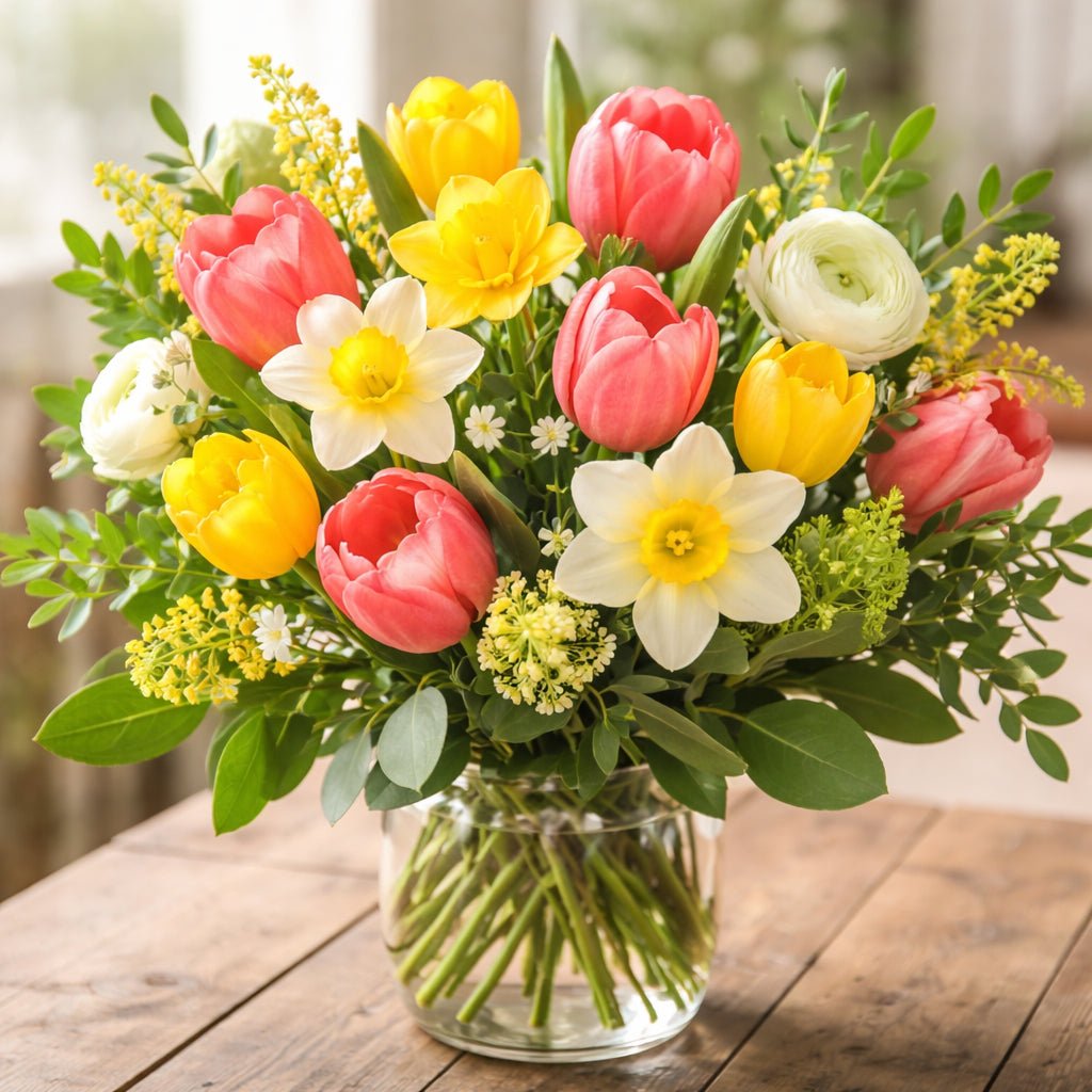 spring mixed flower arrangement for Aventura delivery, a mixed bouquet on a wooden table, showing mixed flowers and greens.