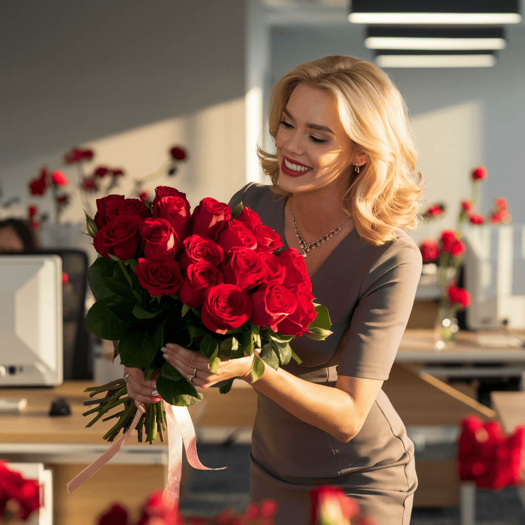 A happy woman at work holding a stunning bouquet Anniversary Flowers of red roses, brightening her office day.