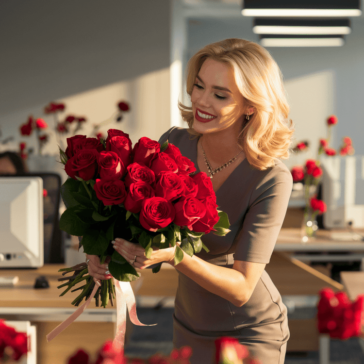A happy woman at work holding a stunning bouquet Anniversary Flowers of red roses, brightening her office day.