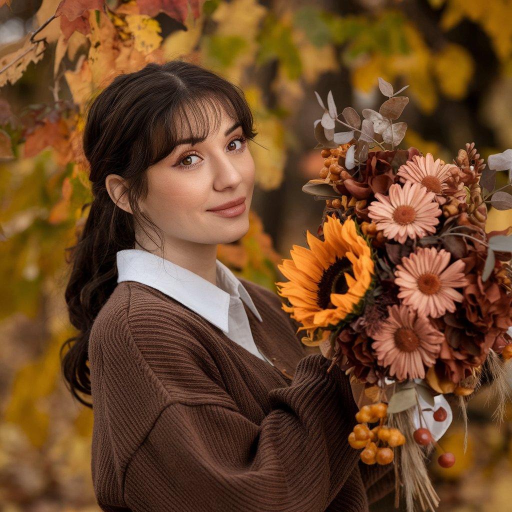 A woman during the fall season holding a bright sunflower bouquet an Autumn Floral Arrangements.