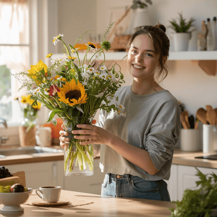 Birthday Flowers - A girl in a kitchen holding a vibrant bouquet of mixed flowers, prominently featuring cheerful sunflowers.