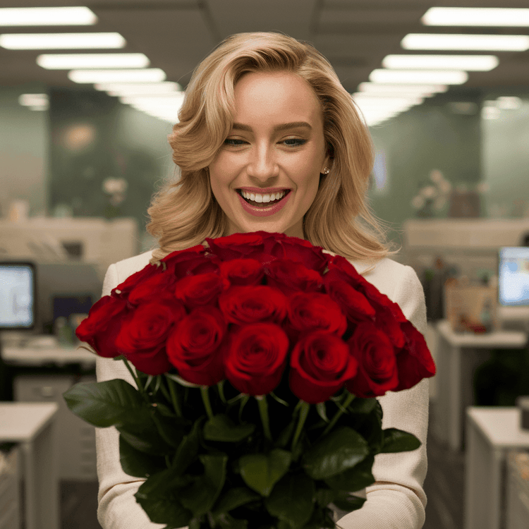 A woman playfully holding a bouquet of I Love You Flowers in front of her face from Flower Shop in Hollywood, Florida.