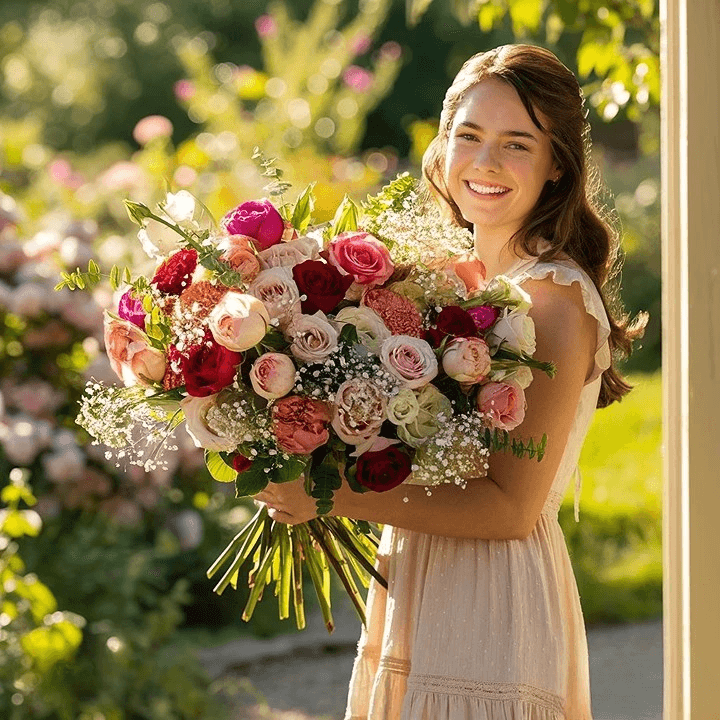 A smiling woman in the yard holding a colorful mixed flower bouquet. Just because flowers