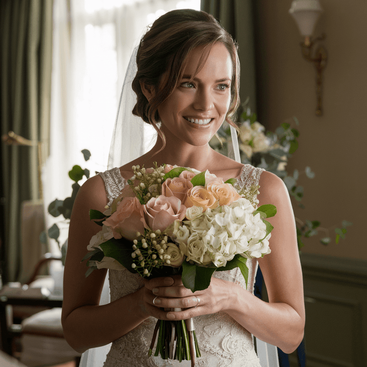 Wedding Flowers - A flower shop in Hollywood showcasing a woman gracefully holding a beautiful wedding bouquet