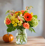 A floral arrangement with hydrangeas roses and pomp's filled with greens and fillers. Standing on a wooden table with a pumpkin next to the flowers 