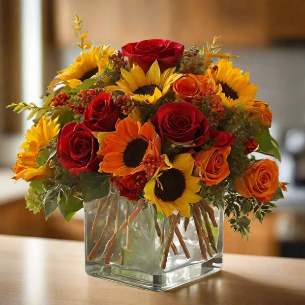 Clear square vase with red roses and sunflowers with fall ornaments and fillers.