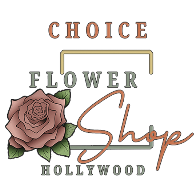 Business mobile logo with a rose on the left side and the names Choice Flower Shop Hollywood in descending order