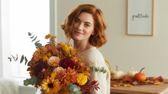 Woman holding a bouquet of autumn flowers in a cozy room with pumpkins and a 'gratitude' sign.