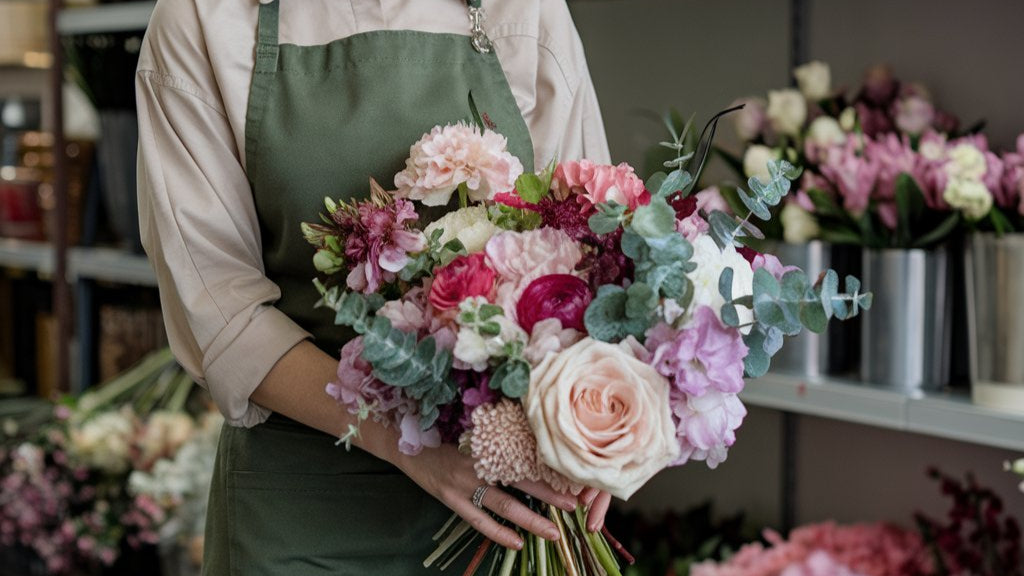 A medium shot of a woman florist. She has short brown hair and is wearing a green apron over a beige shirt and black pants. She is holding a bouquet of flowers with a variety of colors and types. The background is a floral shop with shelves filled with flowers and pots.