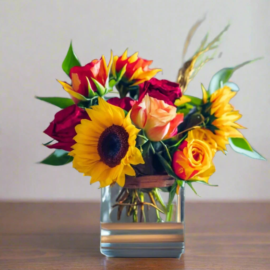 A square clear vase with red and orange roses and sunflowers arranged.