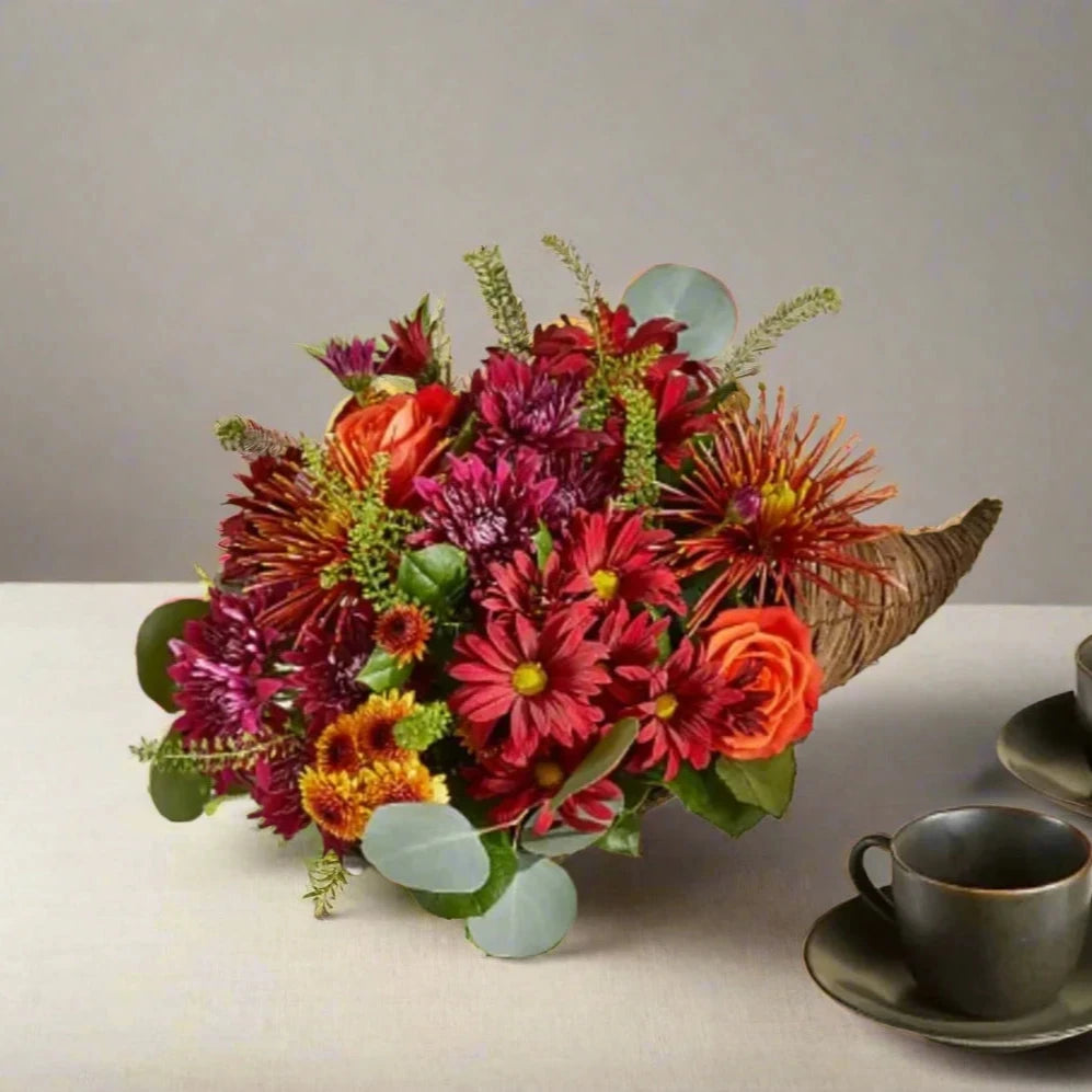 A beautifully arranged cornucopia centerpiece for Thanksgiving, featuring an assortment of vibrant autumn flowers, seasonal fruits, and lush greenery. Positioned on a elegantly set dinner table, the cornucopia adds a festive touch to the holiday meal, embodying the spirit of abundance and gratitude with its rich colors and textures.