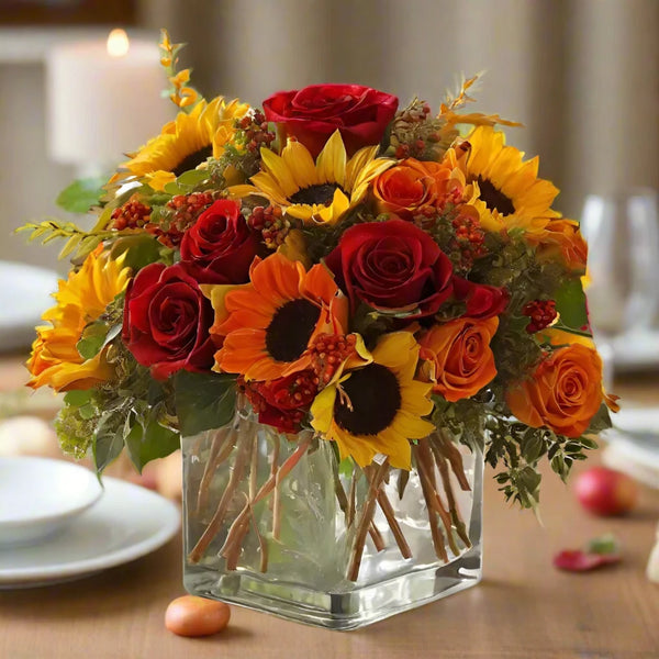 Square clear vase with roses, sunflowers and brown leaf with red fillers.