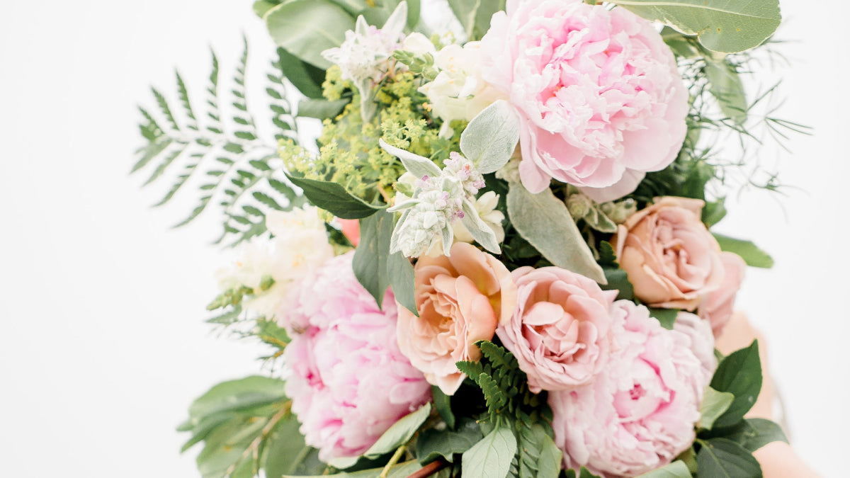 Pink peonies eucalyptus peach roses and fillers on a white background. 