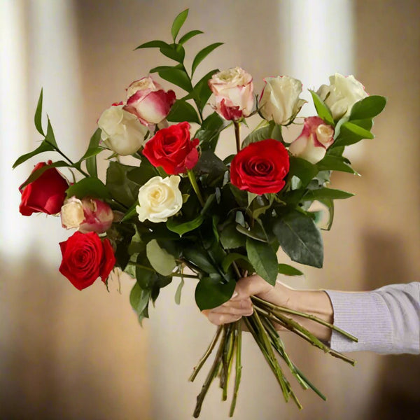 Mixed Roses Bouquet arrangement with white, red and pink roses