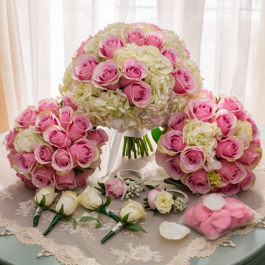 Wedding Package Basic Three - Flower Shop in Hollywood 1 Bridal Bouquet1 Maid of Honor Bouquet1 Bridesmaid Bouquet1 Groom Boutonniere2 Father Boutonnieres1 Best Man Boutonniere1 Groomsmen Boutonniere2 Mother Corsages1 Bag of Fresh Rose Petals Colors of flowers are selected by you.