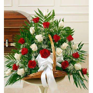 Sympathy Basket Red & White with roses red and white with a white ribbon.