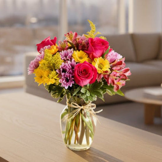 A mixed floral arrangement set on a living room table with pink roses and mix fillers