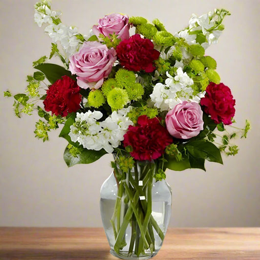 Floral arrangement with lavender roses green pomp's white stock and fillers, arranged in a clear vase.