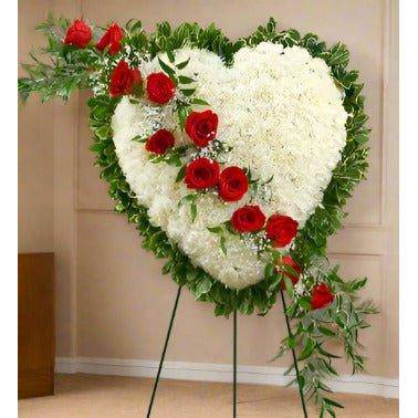 Red and White Standing Heart floral arrangement whit white and red roses and greens