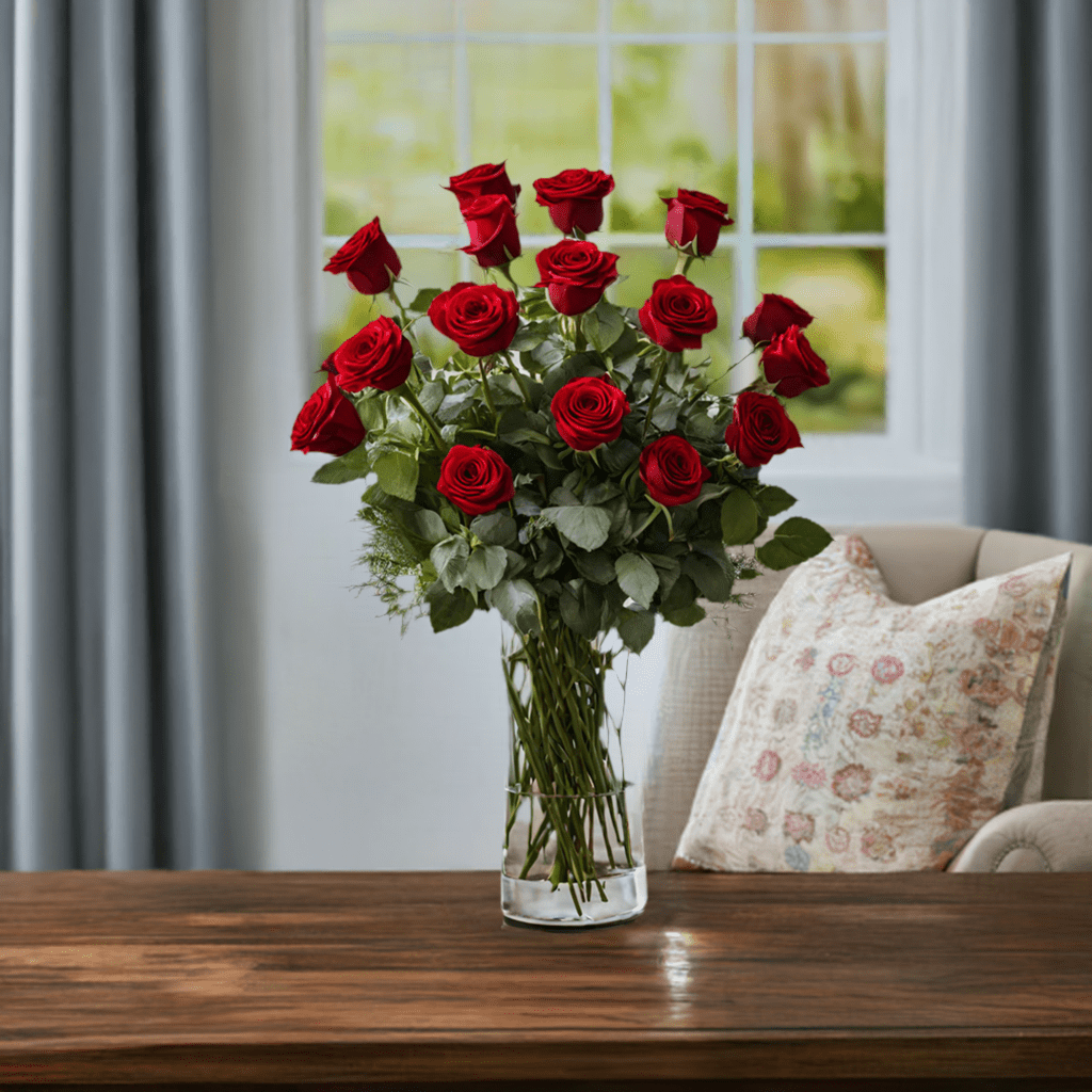 Long stem red roses arrangement in a clear cylinder vase with lots of greens eucalyptus.