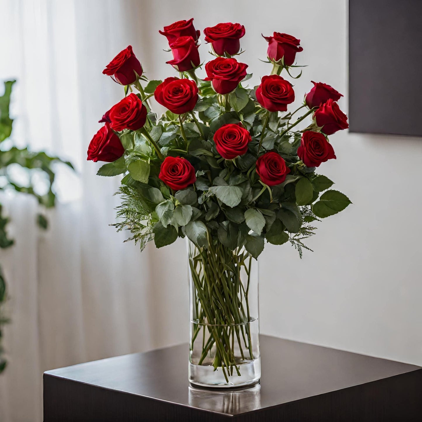 Long stem red roses with greens on a wooden square table in a corner of the house.