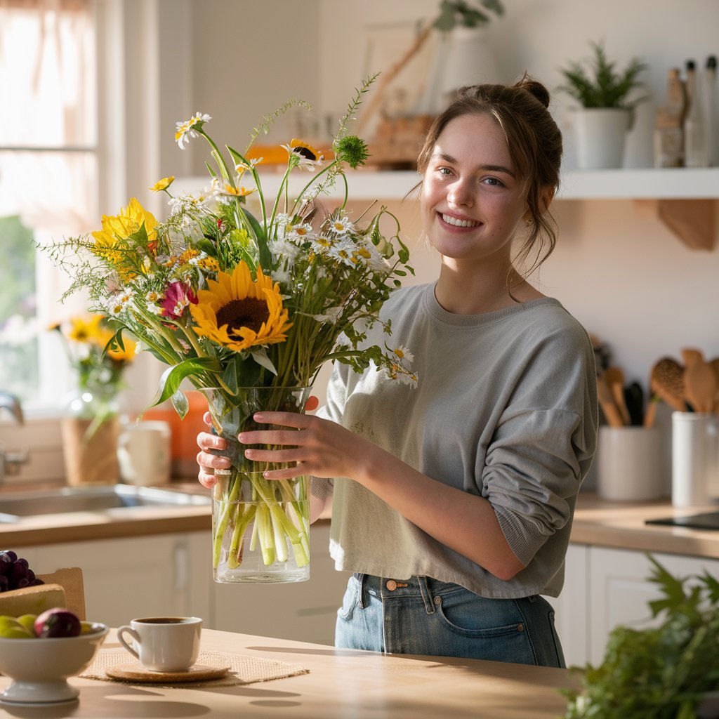 A young girl holding a clear vase with sunflowers daisies and fillers in front of a counter top at the kitchen. 