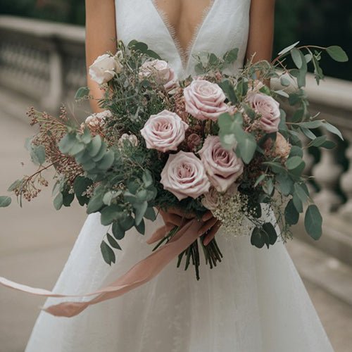 Pink Rose Wedding Bouquet and greenery held by a person wearing a white dress.