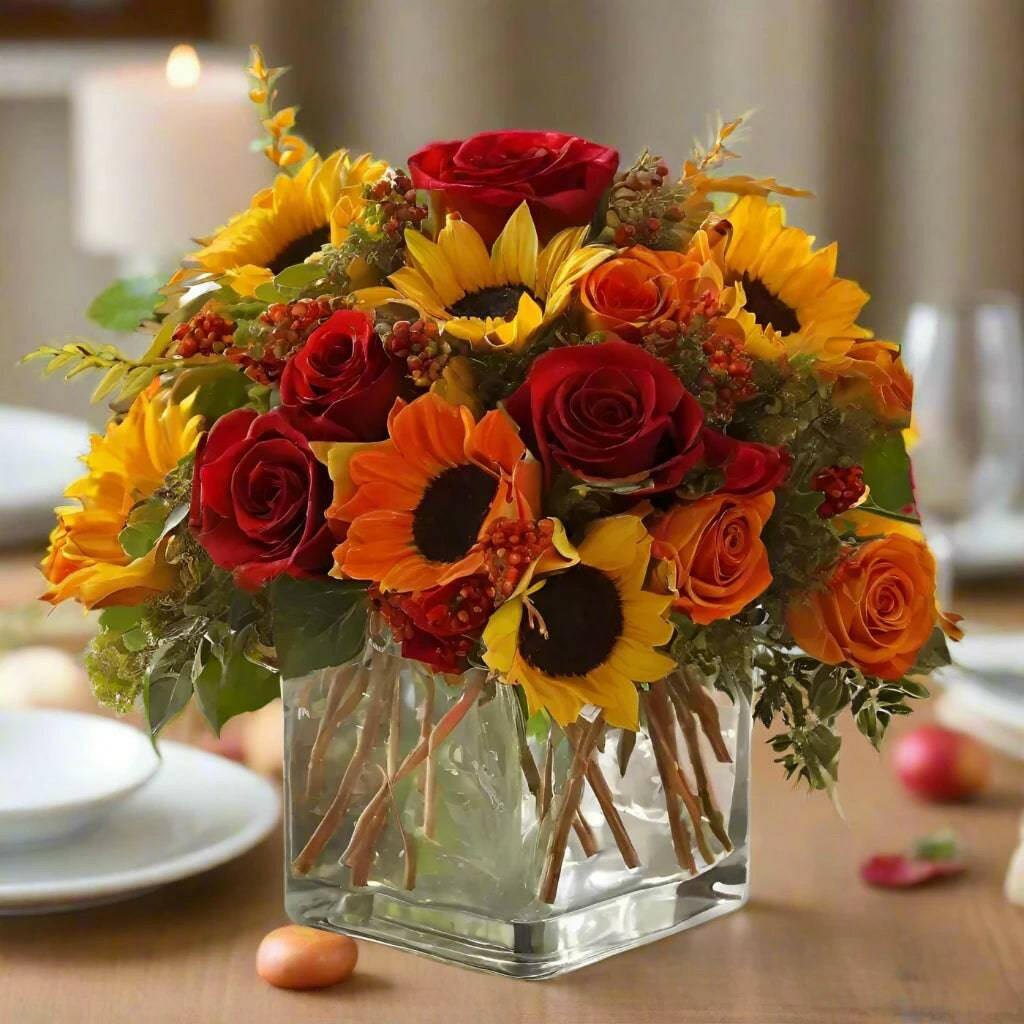autumn floral arrangement Sunflowers and roses center piece in a modern square vase.